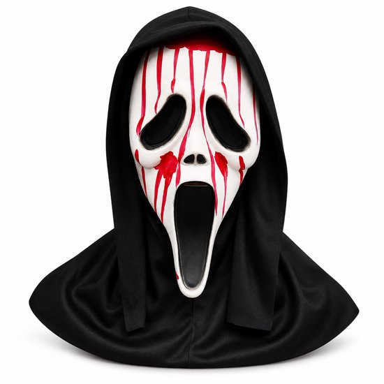 Wit masker met bloedspatten, bedekt met een zwarte kap.