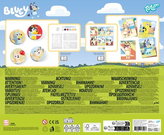 Verpakking van de Totum Bluey 2-in-1 creatieve set. Toont de Bluey-personages, gipsen figuren, verf, sjablonen en een handleiding.
