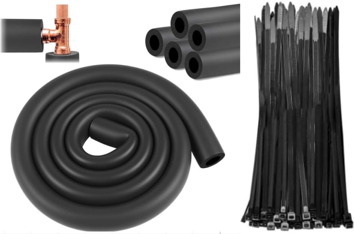 Buisisolatie van schuim met 50 stuks kabelbinders, zwart, 1,8 m, buisisolatie, schuimrubber, zwart, voor buisisolatie - ShopVlot
