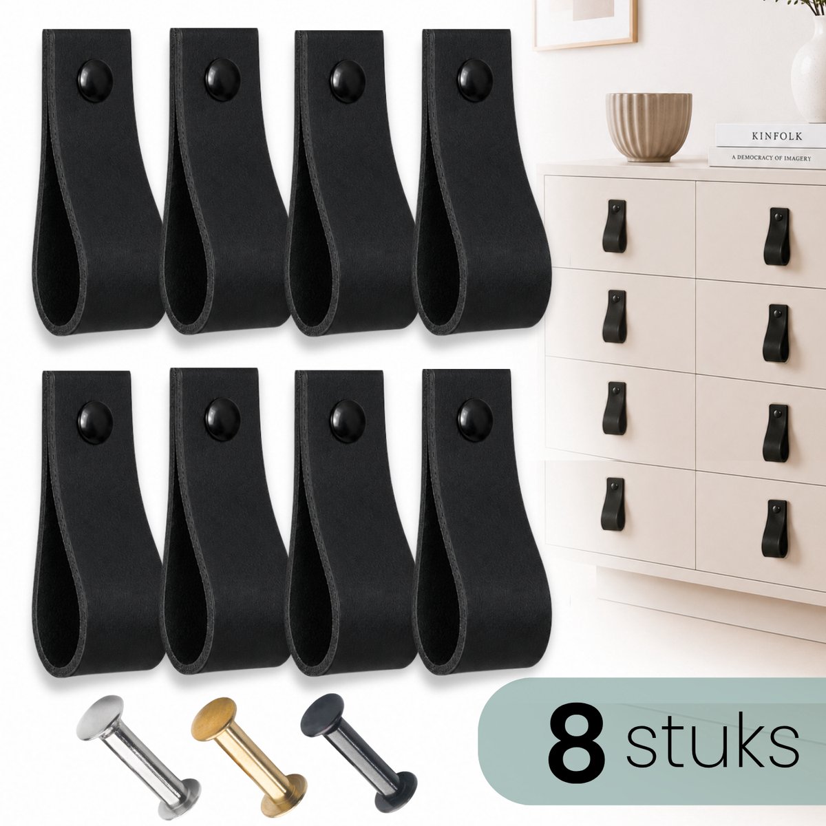 HOYA living - Leren lusjes - Zwart - 8 stuks - 3 kleuren schroeven - 100% leer