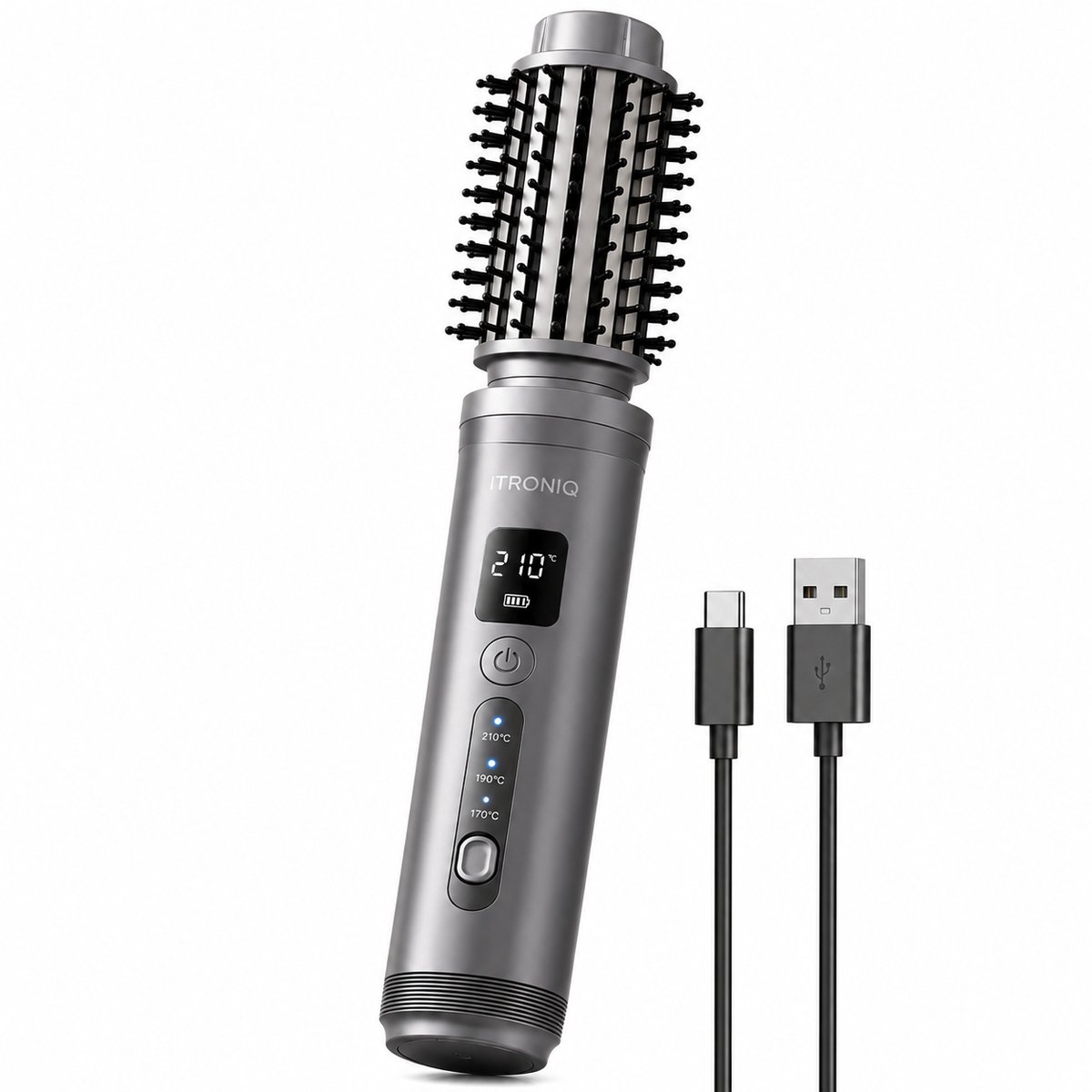 ITRONIQ Draadloze 3-in-1 Stijlborstel – Keramisch Krultang en Stijltang – Ionische Haarborstel 170-210 °C – USB-C – Grijs