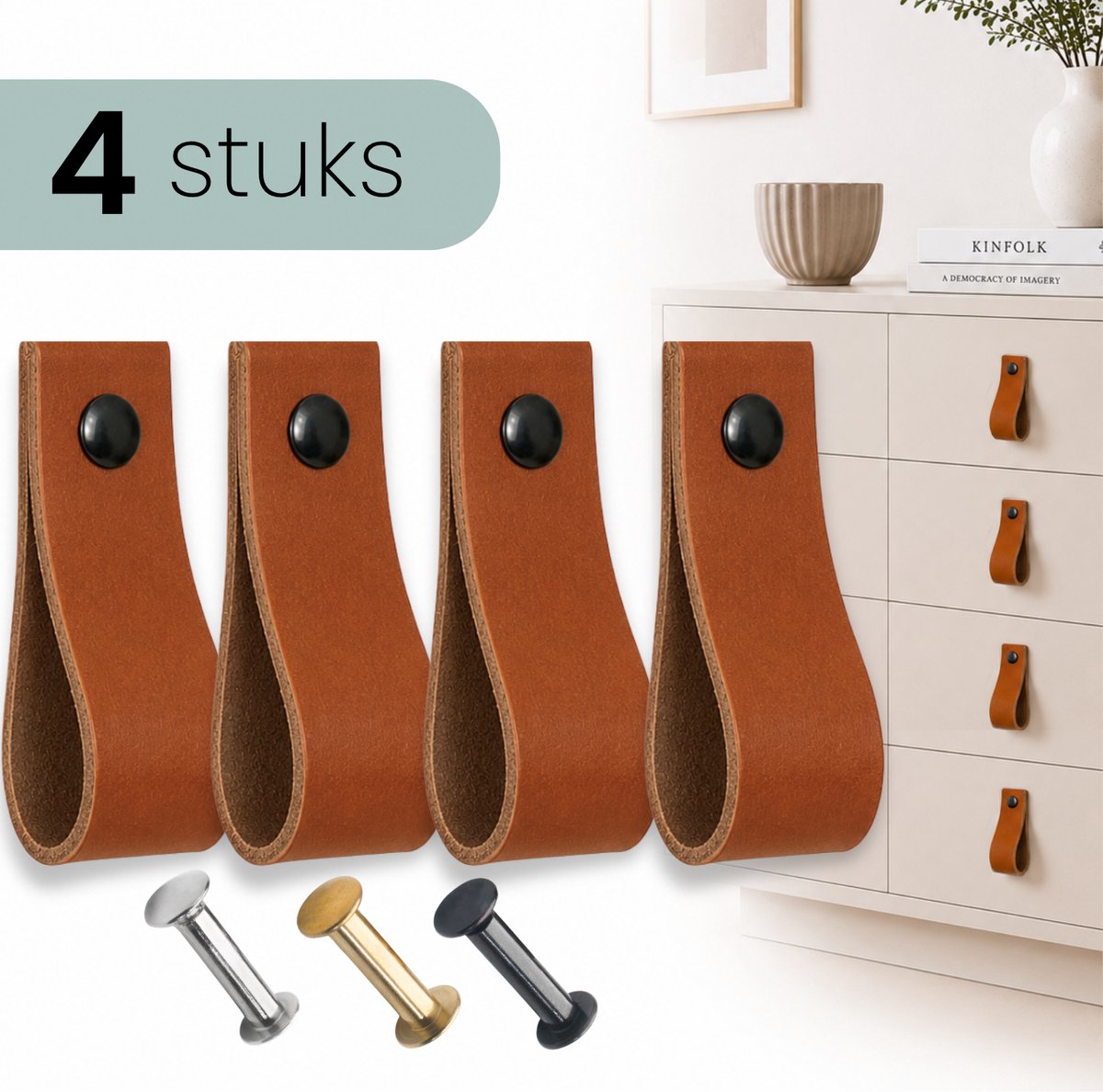 HOYA living - Leren lusjes - Cognac - 4 stuks - 3 kleuren schroeven - 100% leer