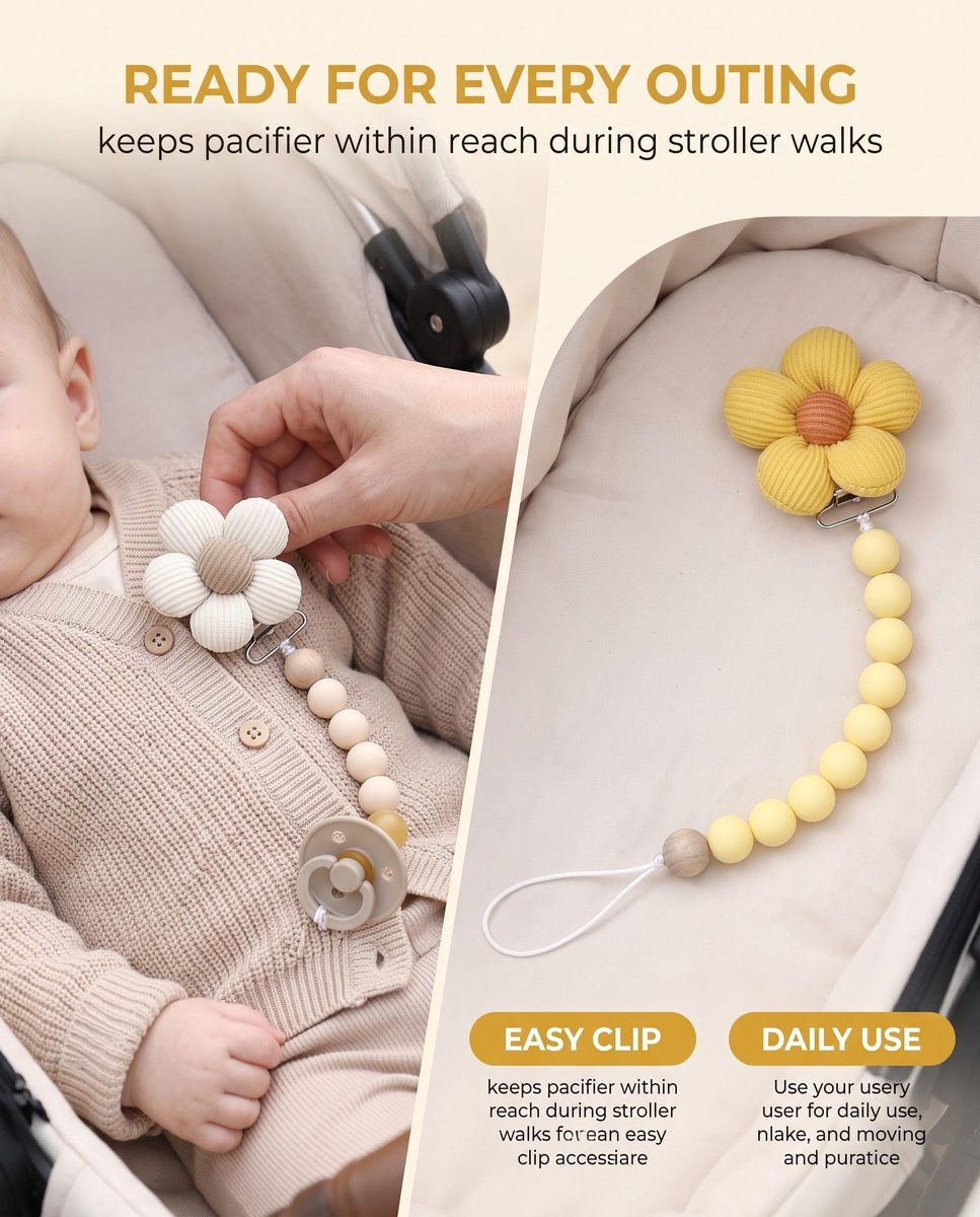 DLPRK Fopspeenketting, 2 stuks, fopspeenketting met bloemen in beige en geel, verstelbare band met veiligheidsknop - ShopVlot