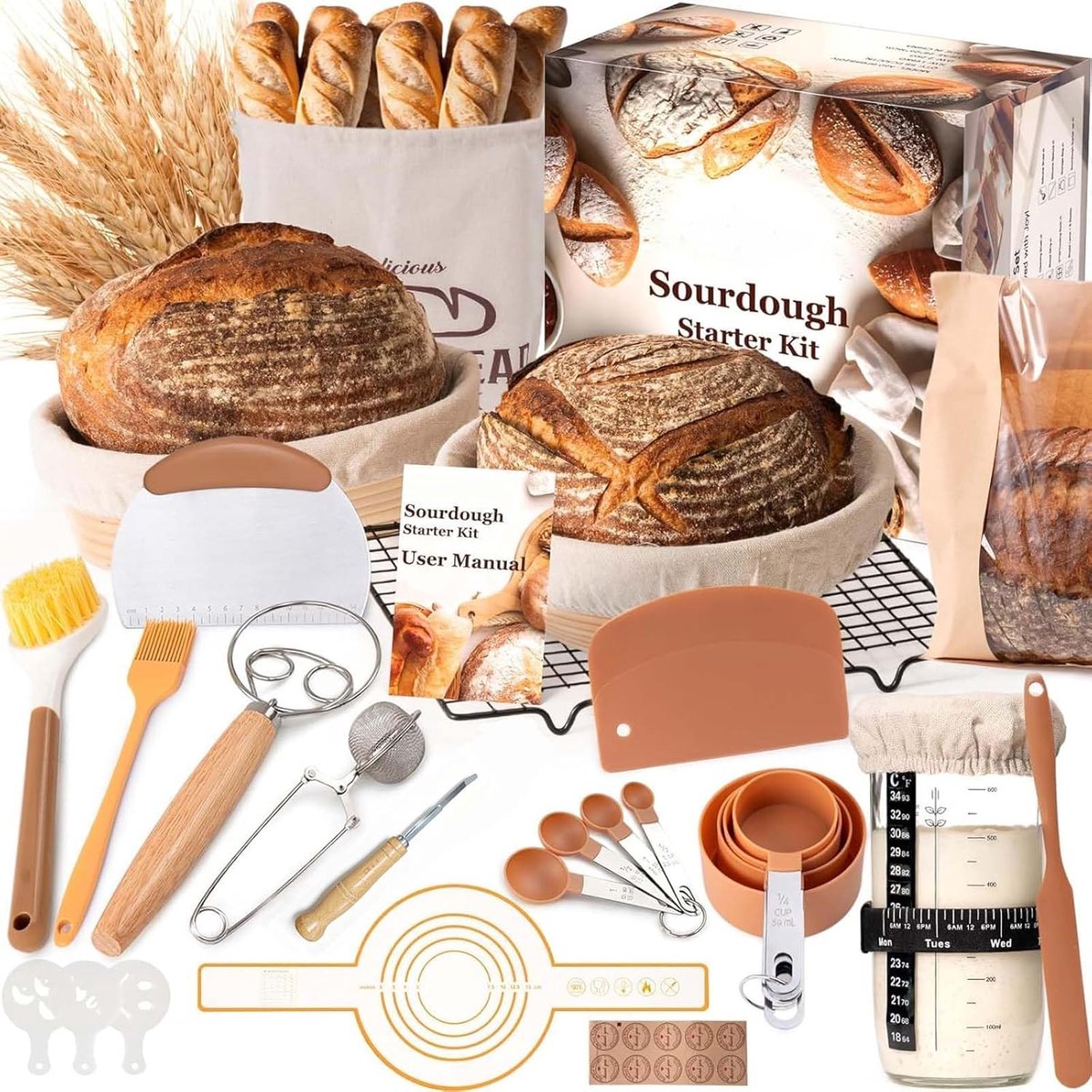 Banneton voor brood 25 x 24 x 17 cm - gistbakset - complete gereedschapsset - ideaal voor fermenteren en bakken
