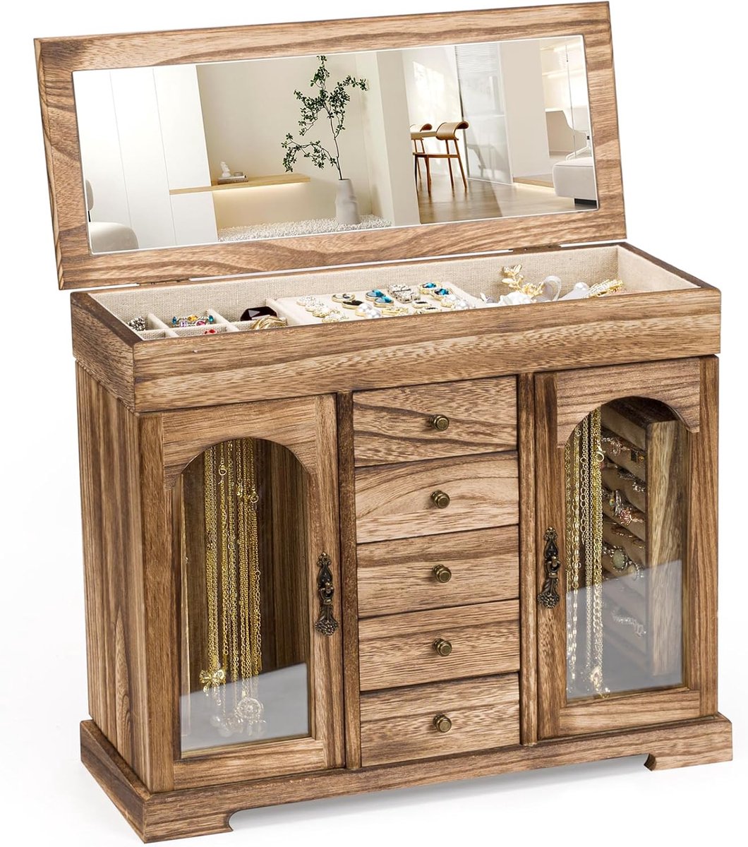Sieradenbox voor vrouwen - grote houten sieradenbox met spiegel - 6 planken voor kettingen, oorbellen, ringen, armbanden