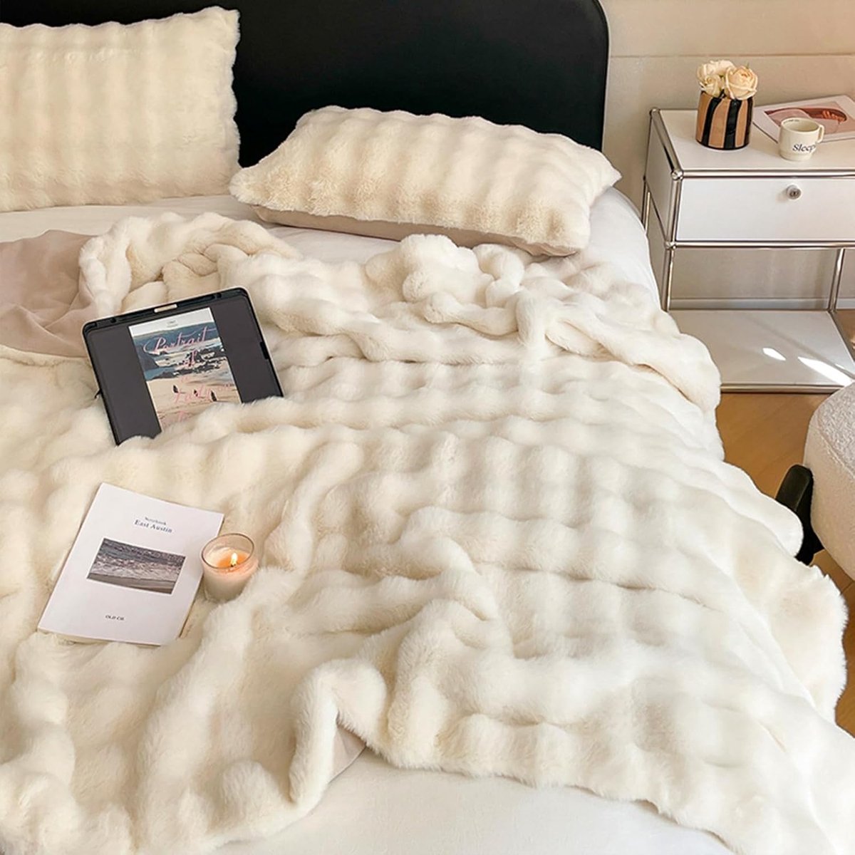 Faux konijnenbont dekentje 50 x 60 inch - luxe pluche - beige - perfect voor op de bank