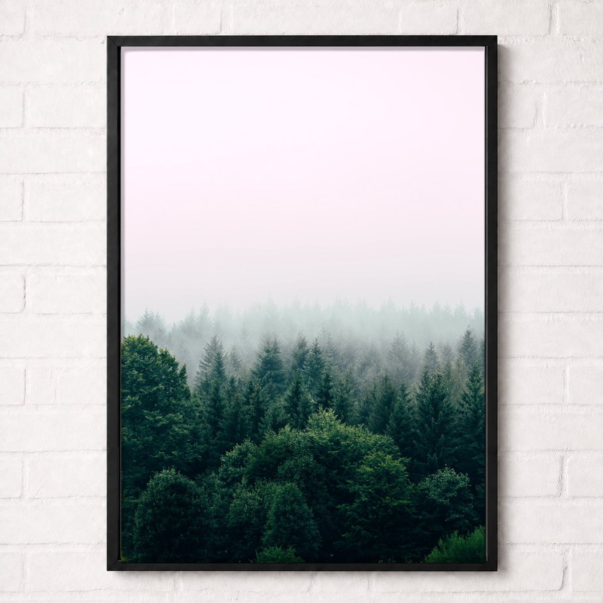 Mistig Dennenbos met Roze Lucht Poster - Misty Forest Collection - Natuur Posters - A2+ 43,2 x 61 cm