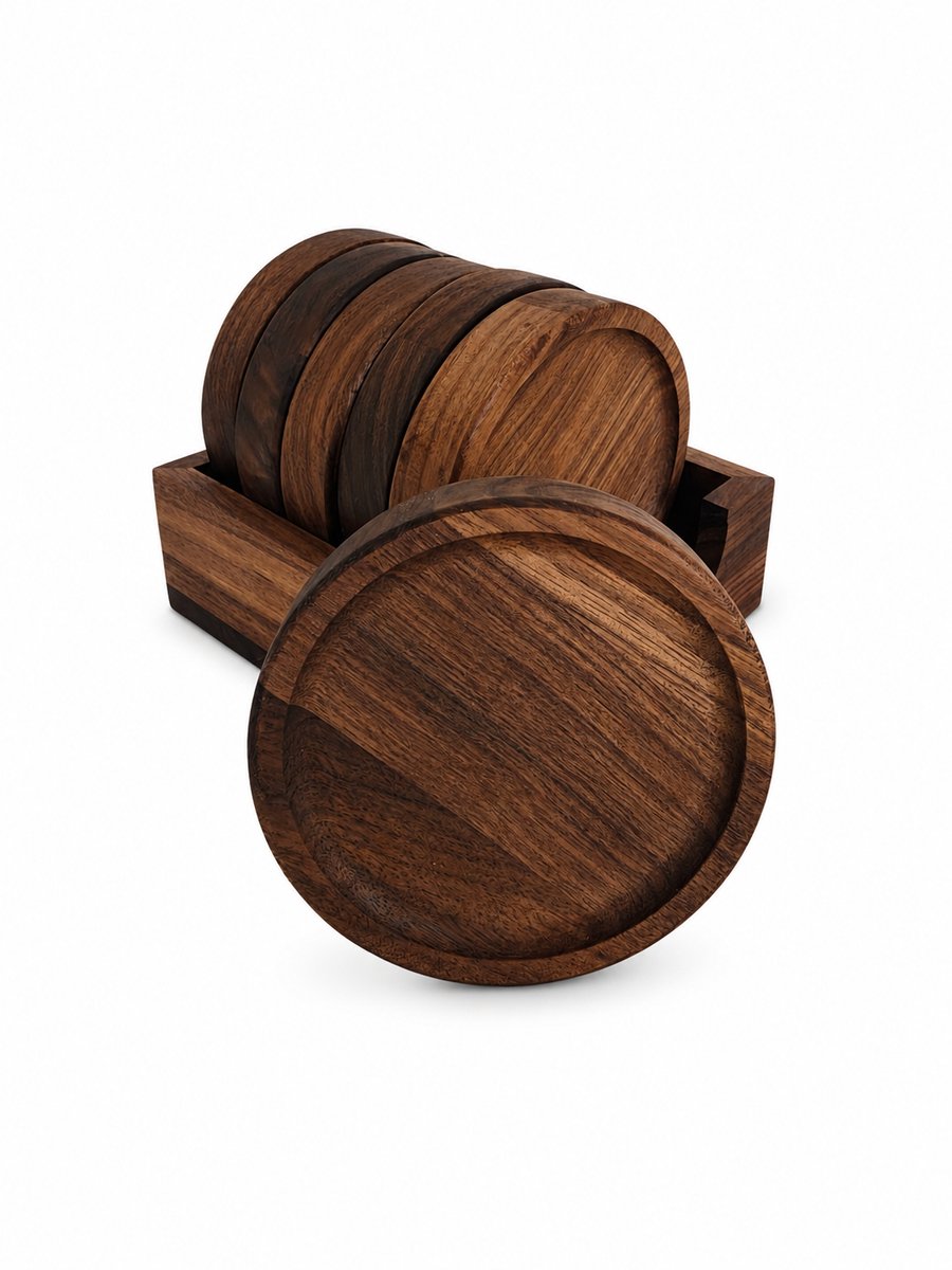 Belamonte Onderzetters van Walnoothout 6 Stuks met Houder Rond 10 cm Luxe Houten Onderzetters