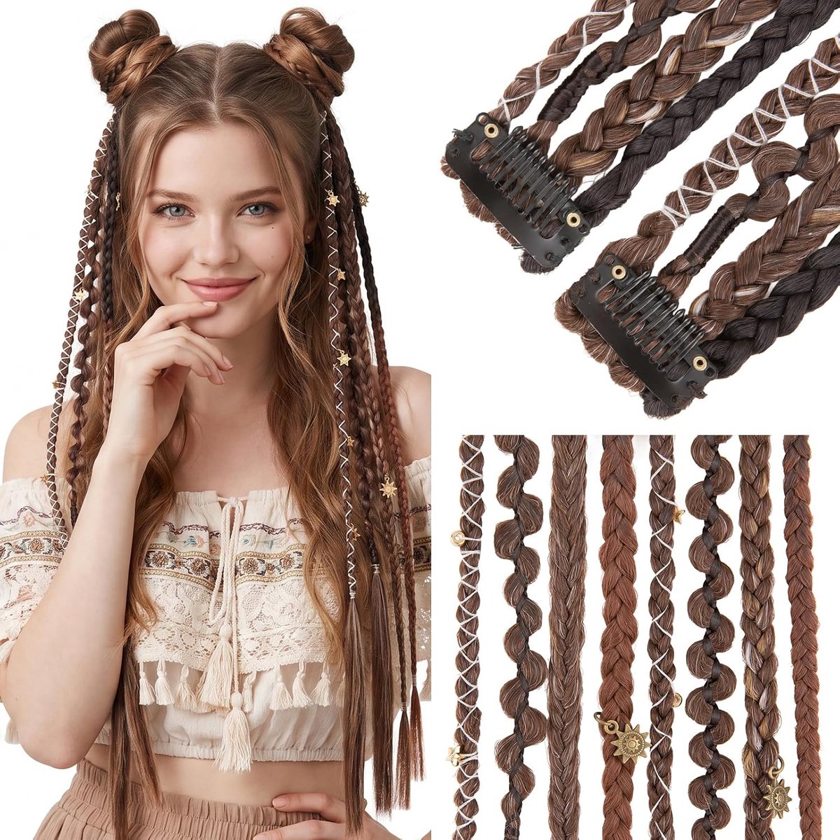 Elailite Extensie Clip in Boho Vlechten Haardelen 50cm 2 Stuks Bohemian Haarverlenging Braids Synthetische Dreads - ShopVlot