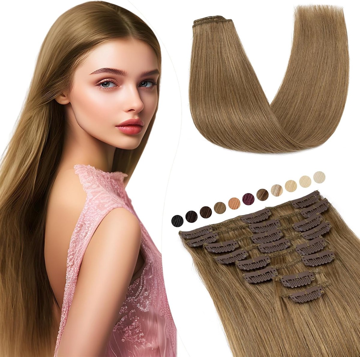 Elailite Clip in Extensions Echthaar, 8 Tressen Haarverlängering Lichtbruin met 18 Clips, 35cm-60g Gladde Haardeel - ShopVlot