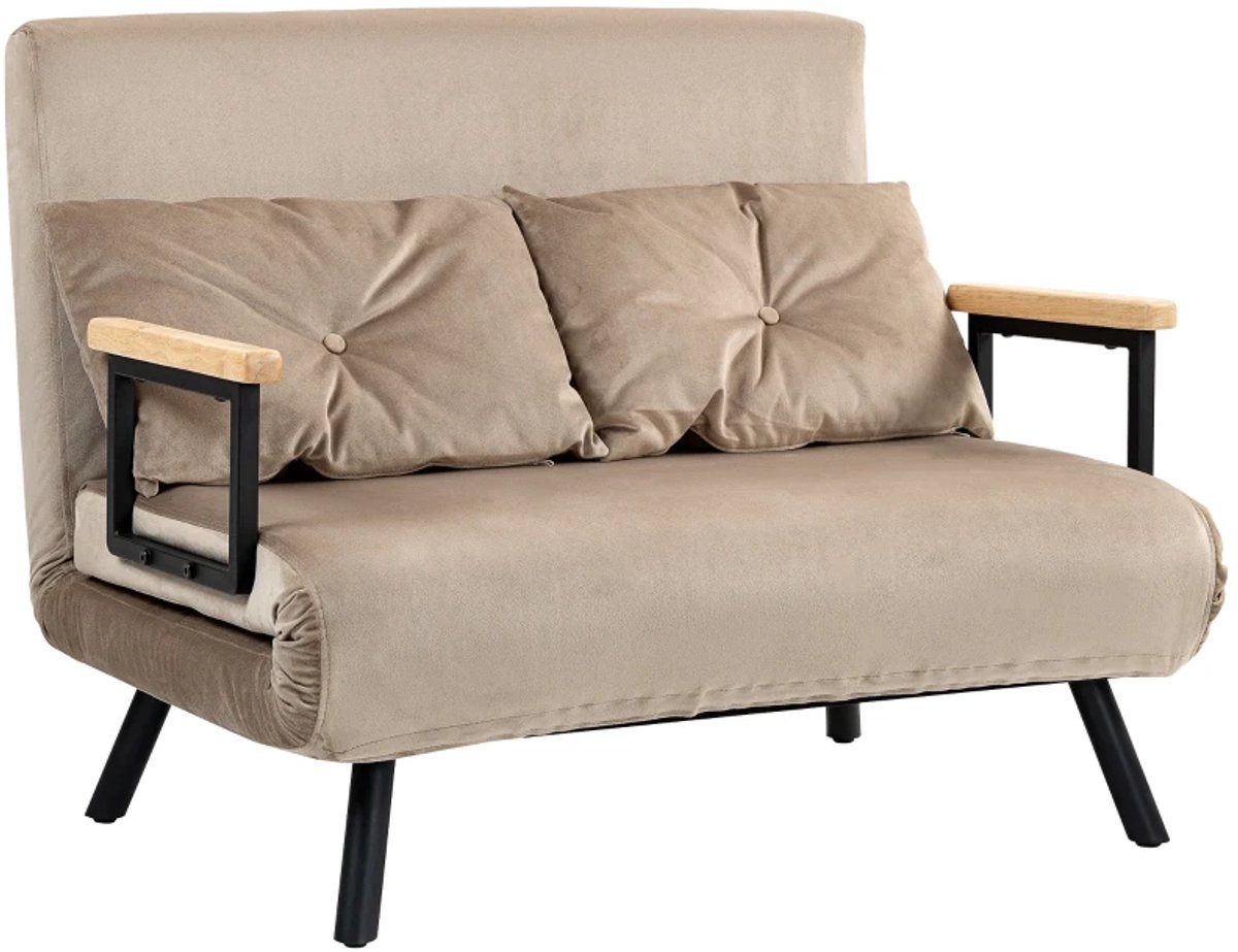 Slaapbank - Logeerbed - Houten armleuningen - Metalen frame - Tot 120 kg - 102 x 73 x 81 cm - Lichtbruin
