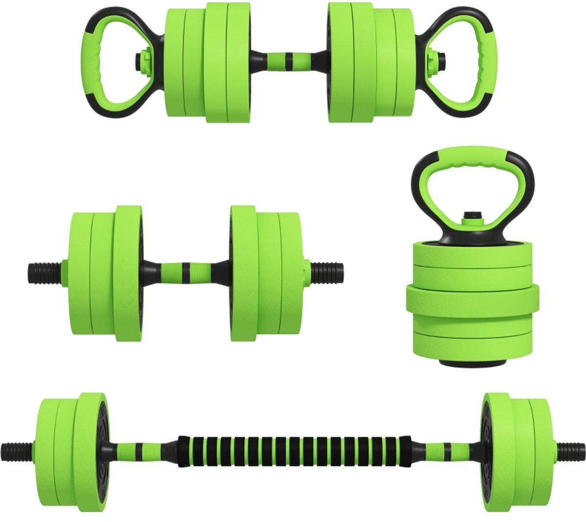 20kg Hantelset 4-in-1 Groen Verstelbaar Dumbbell en Barbell Kettlebell Push-up Steunen Veiligheidsclips voor Thuis Fitness