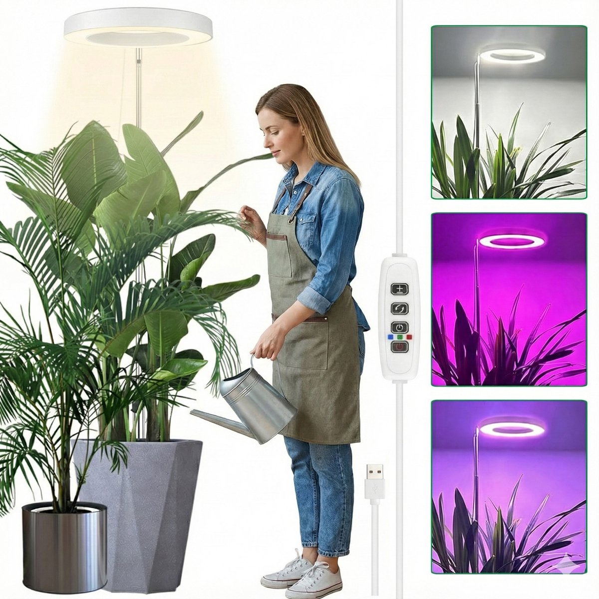 Lapamax Groeilamp Planten 72 LEDs - Kweeklamp LED Full Spectrum met 16 cm Ring -Plantenlamp Hoogte Verstelbaar 35-155 cm - 10 Helderheidsstanden & Timer 3/9/12U -Growlight voor Kantoor, Binnenplanten, Kruiden en Woonkamer - Wit - met EU Adapter