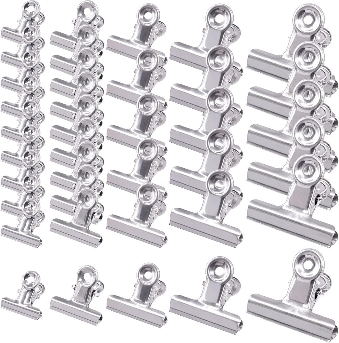 38pcs Stainless Steel Clips, 3cm, 3.8cm, 5cm, 6.3cm, 7.5cm, Heavy Duty Bag Clips, Office Paper Clips, Wide Fresh Hold - ShopVlot