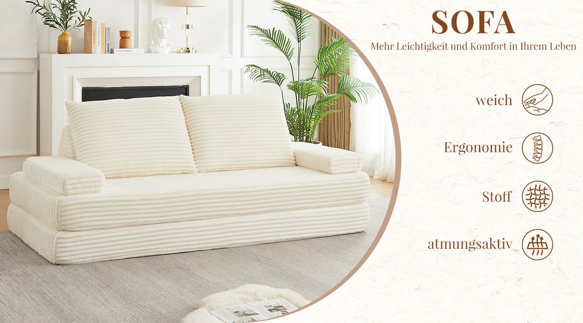 Slaapbank 2-zits 211 cm - Modulaire Corduroy Bank-Bed Combinatie Met Verstelbare Armleuningen En Kussens - Voor Woonkamer - Beige