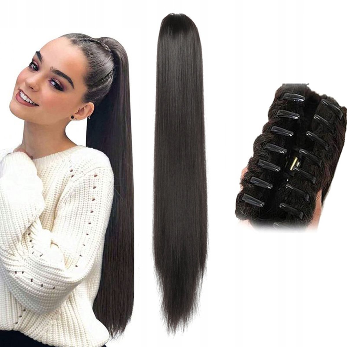 Merkloos Paardenstaart Clip-in Haarverlenging, 55cm, Donkerbruin