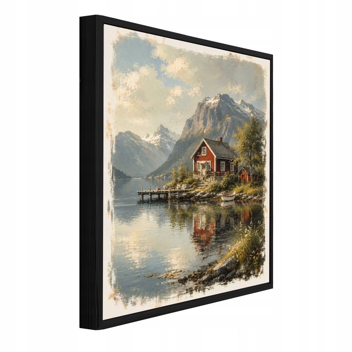 WALLARENA Schilderij op canvas met zwarte lijst - 90x60 cm - vintage landschap met huis en meer - voor slaapkamer en woonkamer Beige