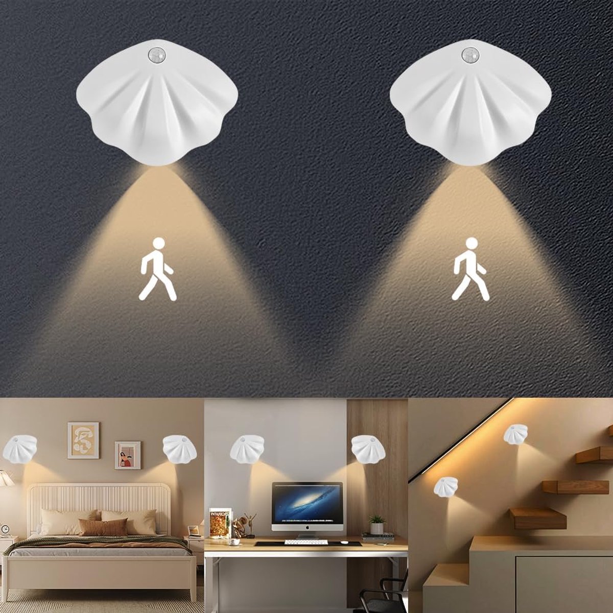KZQ Set van 2 LED-nachtlampjes met bewegingssensor - Wandlampen - Binnenverlichting - Drie instelbare kleuren - Oplaadbaar - 1200mAh - Magnetisch - Wit