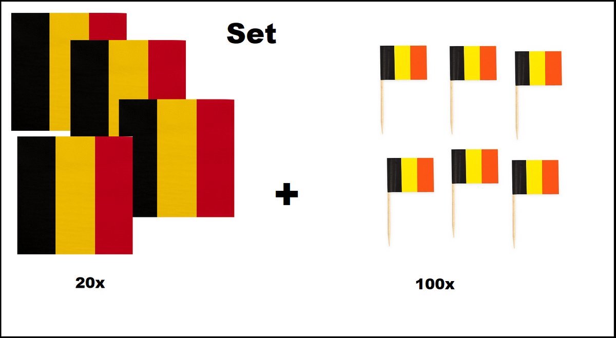 20 stuks Servetten Belgie 33cm x 33cm 3 laags + 100x Cocktailprikkers Belgie - Belgie set -Belgium thema feest WK voetbal