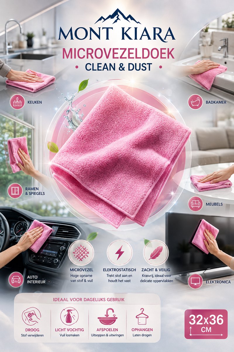 Mont Kiara Microvezeldoek 32x36 cm – Zachte Elektrostatische Schoonmaakdoek & Stofdoek – Voor Keuken, Badkamer, Meubels, Ramen & Auto