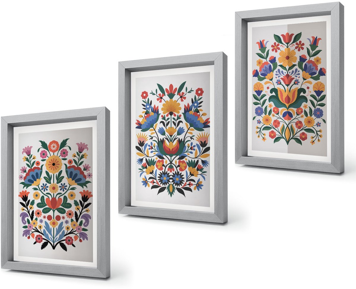 Coloray 4-Delige Schilderij Set - Bloemmotieven in intense kleuren op een witte achtergrond. - 20 x 30 cm - Wanddecoratie - Moderne Interieurdecoratie - Muurdecoratie Zilveren lijst