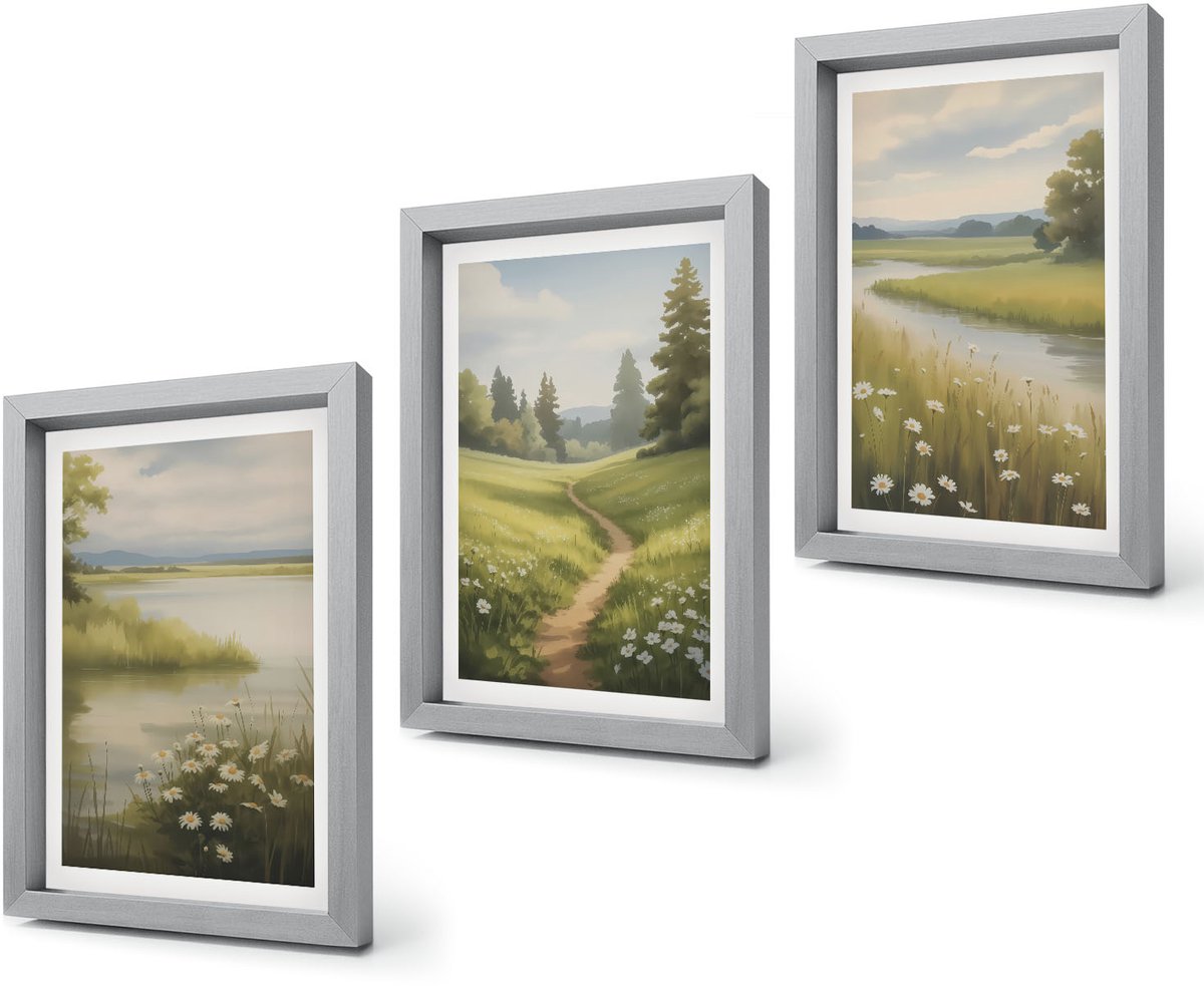 Coloray 4-Delige Schilderij Set - Lentelandschap met een rivier, pad en bloemenweide - 20 x 30 cm - Muurdecoratie - Wanddecoratie - Hal - Woonkamer Decoratie Zilveren lijst