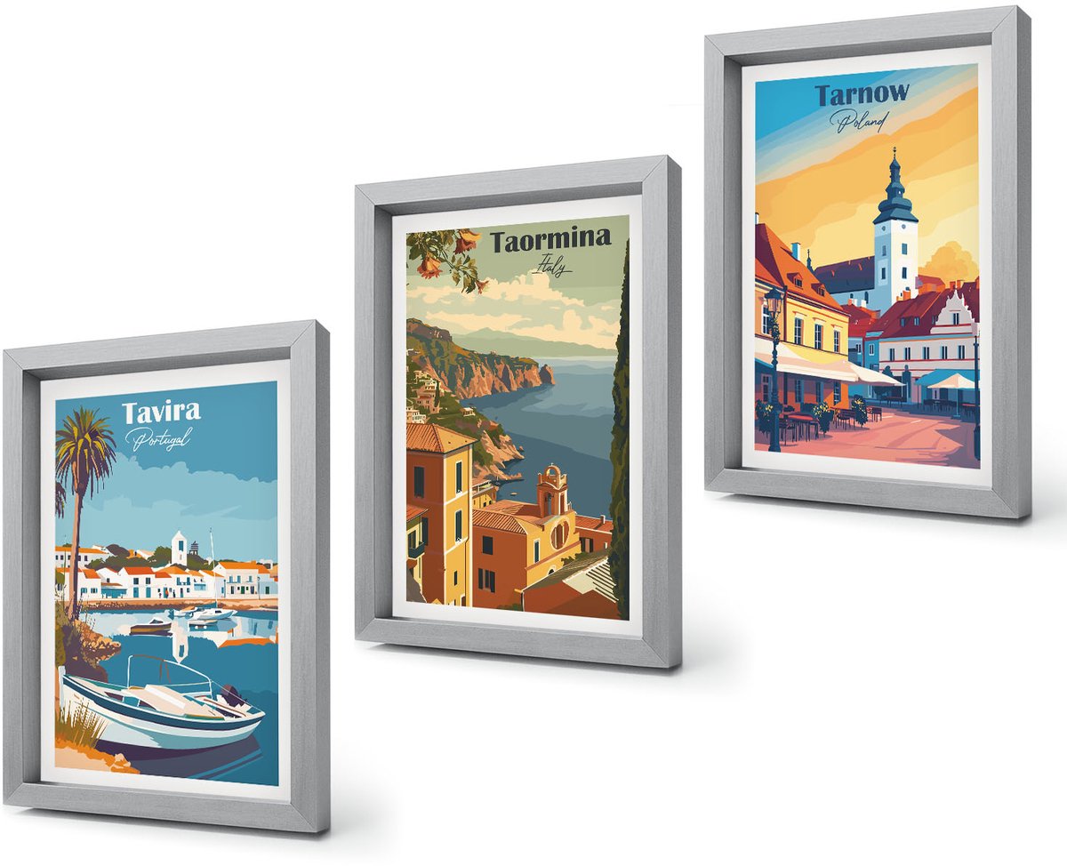 Coloray 4-Delige Schilderij Set - Uitzichten op kuststeden en hun architectuur - 20 x 30 cm - Schilderijen Set - Wanddecoratie - Woonkamer - Moderne Wanddecoratie Zilveren lijst