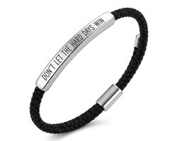 Bracelet cordon tressé Zwart pour homme et femme avec plaque argentée et texte gravé « Don't Let The Hard Days Win » – réglable