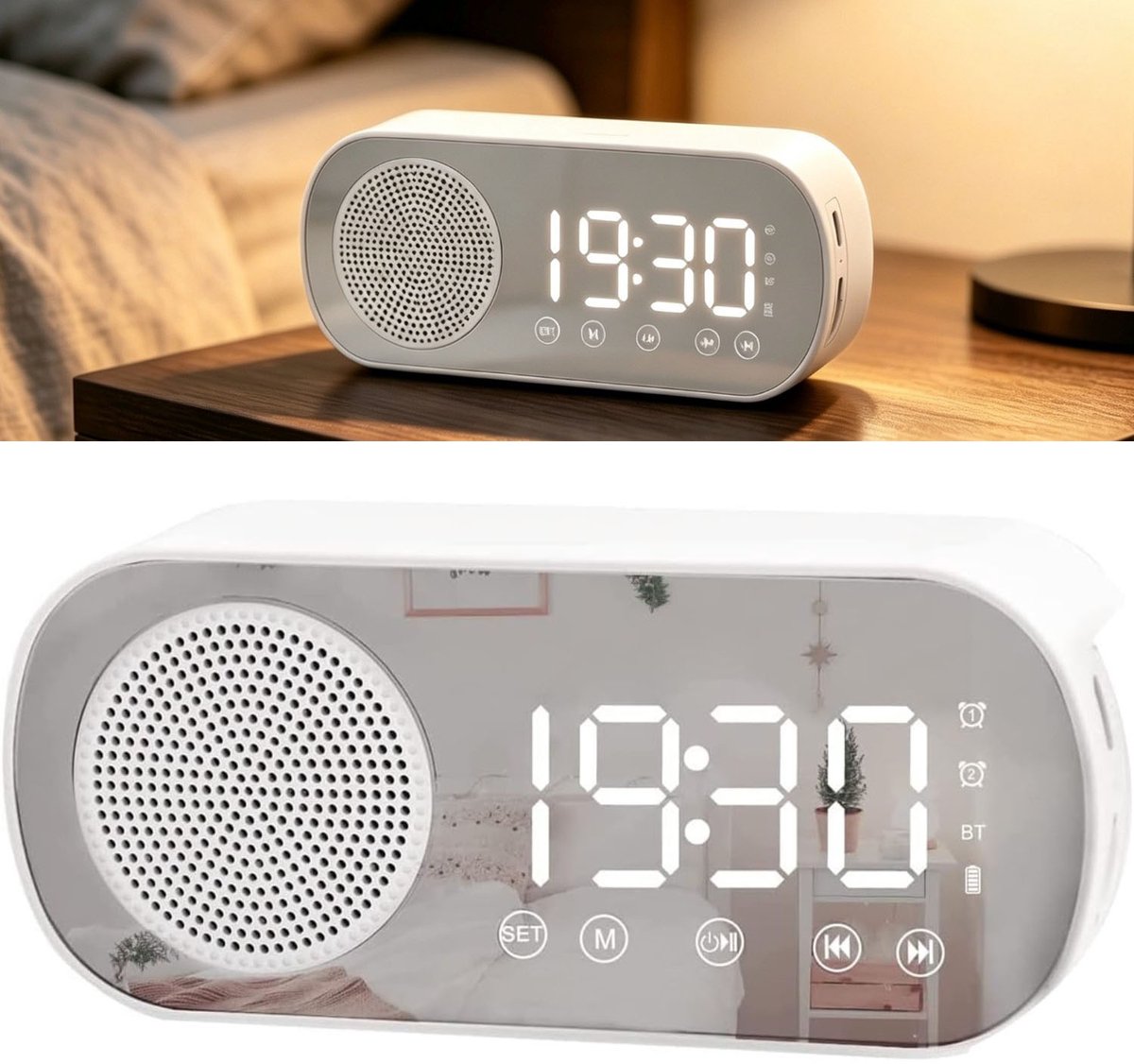Wit Bluetooth speaker met klok – alles-in-één wekkerradio voor elke kamer