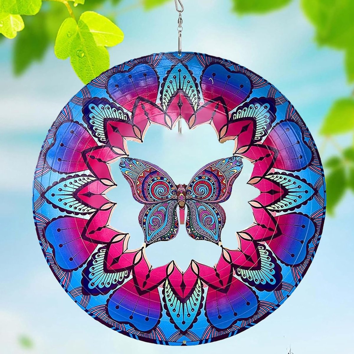 Blauwe vlinder windspinner, 30×30 cm metaal, tuin hangdecoratie met draaihaak