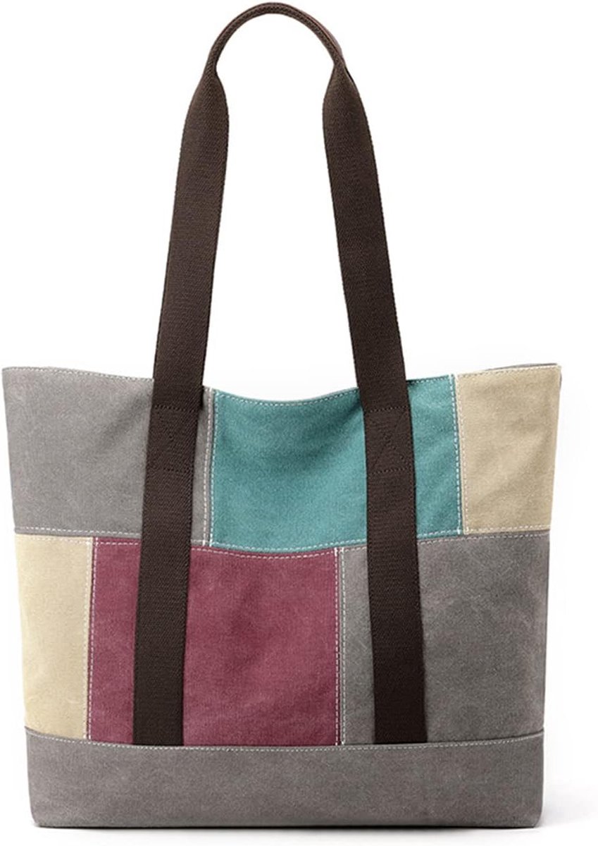 Canvas handtas grote capaciteit - patchwork - multifunctioneel - ideaal voor school en werk - ShopVlot