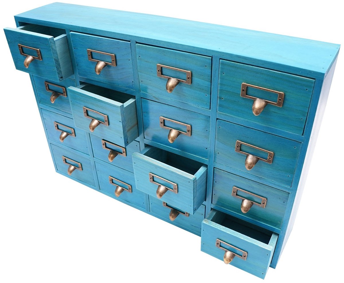 OwlyVision Apothekerskast 16 Lades - Houten Ladekast Bureau Organizer - Opbergkastje voor Sieraden, Kantoor en Hobby - Vintage Decoratie Kastje - 50,5 x 9,5 x 35 cm - Blauw