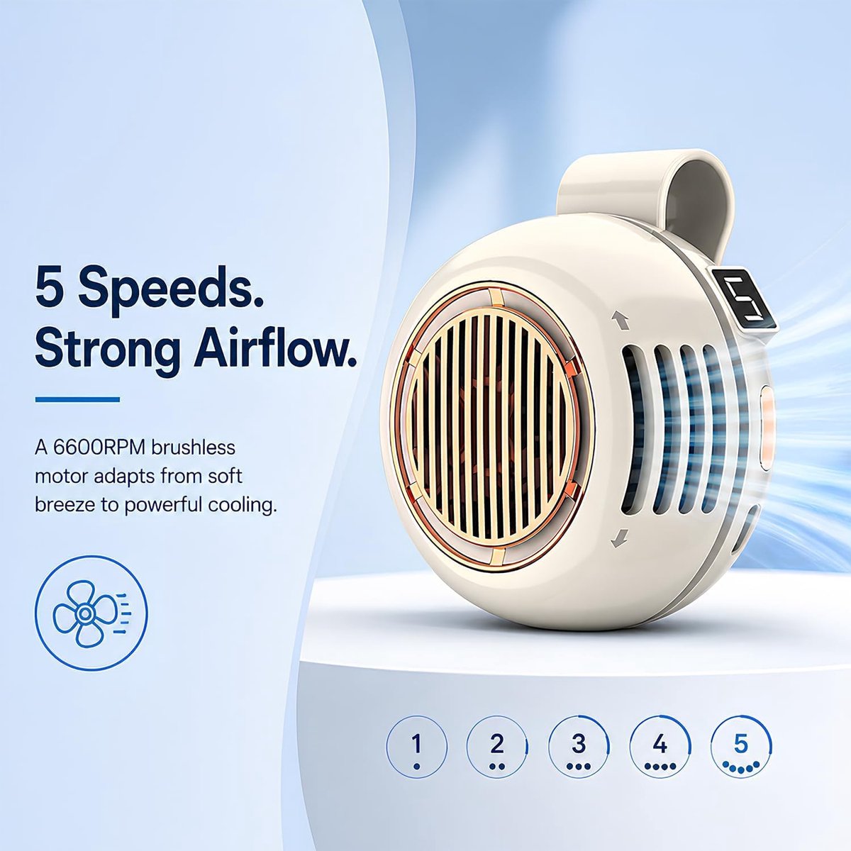 Draagbare clip-ventilator 5 snelheden - 360° verstelbaar - USB-aansluiting - Perfect voor onderweg - ShopVlot