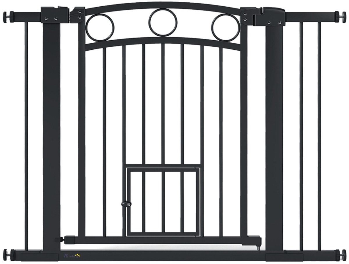 REDOM - Hondenhek met kattendeur - Verstelbare breedte 76-104 cm - Dubbel vergrendelingssysteem - Voor trap en deuropening - Metaal - Zwart - 77 cm