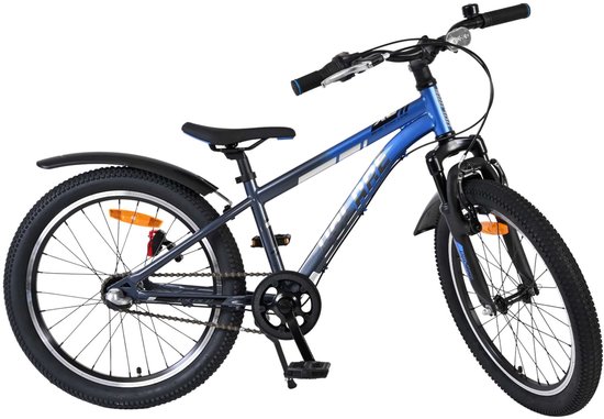 Blauwe en grijze kinderfiets met 20-inch wielen, zwarte banden en voorspatscherm.