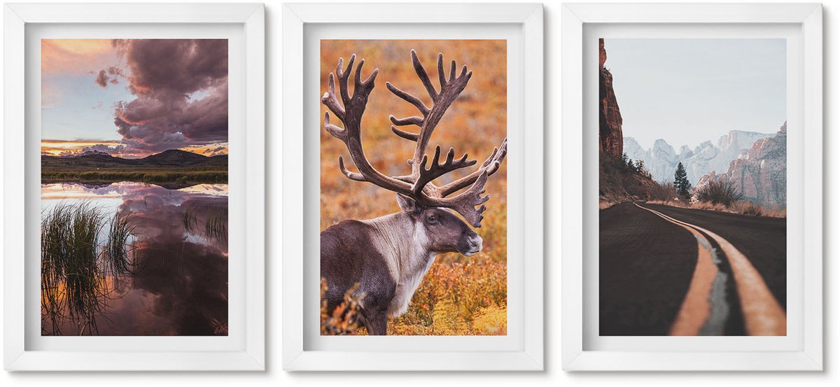 Wallfluent 3-Delige Schilderij Set - Berglandschappen Met Rendieren En Een Weg In De Natuur - 20 x 30 - Muurdecoratie - Schilderijen Set - Woonkamer - Woonkamer Decoratie
