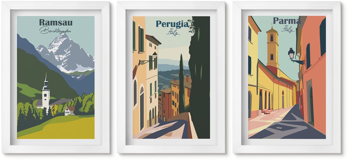 Wallfluent 3-Delige Schilderij Set - Berglandschappen En Straten Van Italiaanse Steden - 20 x 30 - Muurdecoratie - Decoratieve Schilderijen - Wohnzimmer - Woonkamer Decoratie