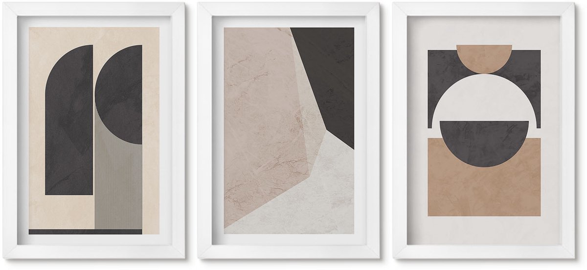 Wallfluent 3-Delige Schilderij Set - Abstracte Vormen In Beige En Bruine Tinten. - 20 x 30 - Decoratieve Muurdecoratie - Slaapkamer - Moderne Wanddecoratie