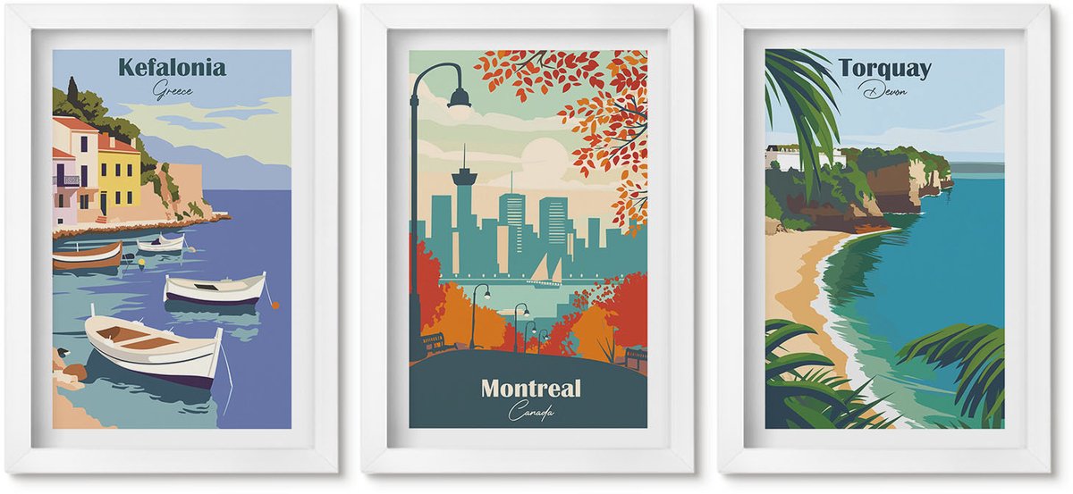 Wallfluent 3-Delige Schilderij Set - Stadsgezichten En Landschappen Uit Griekenland, Canada En Australië - 20 x 30 - Wanddecoratie - Muurdecoratie - Woonkamer - Decoratieve Schilderijen