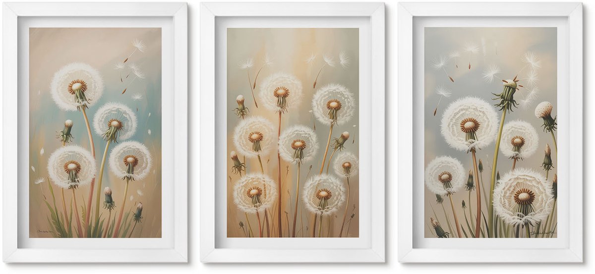 Wallfluent 3-Delige Schilderij Set - Paardenbloemen Op Een Pastelkleurige Achtergrond - 20 x 30 - Moderne Wanddecoratie - Slaapkamer - Muurdecoratie