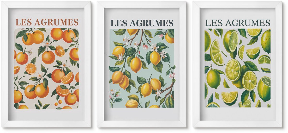Wallfluent 3-Delige Schilderij Set - Fruitige Citruspatronen In Pastelkleuren - 20 x 30 - Schilderijen Set - Wanddecoratie - Woonkamer - Decoratieve Schilderijen