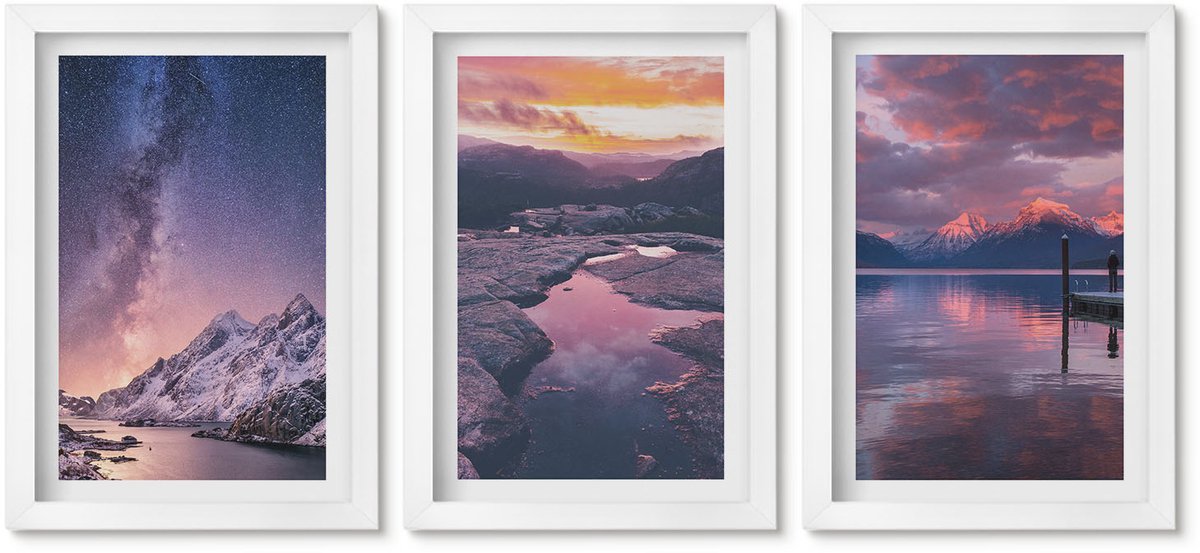 Wallfluent 3-Delige Schilderij Set - Bergen En Water In Prachtige Natuurlijke Landschappen - 20 x 30 - Schilderijen Set - Wanddecoratie - Woonkamer - Decoratieve Schilderijen