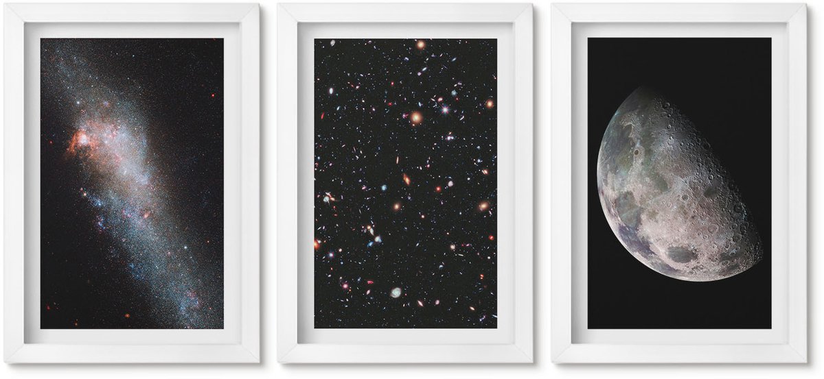 Wallfluent 3-Delige Schilderij Set - Ruimte, Melkweg, Sterren En Volle Maan - 20 x 30 - Decoratieve Schilderijen - Woonkamer - Interieur - Muurdecoratie