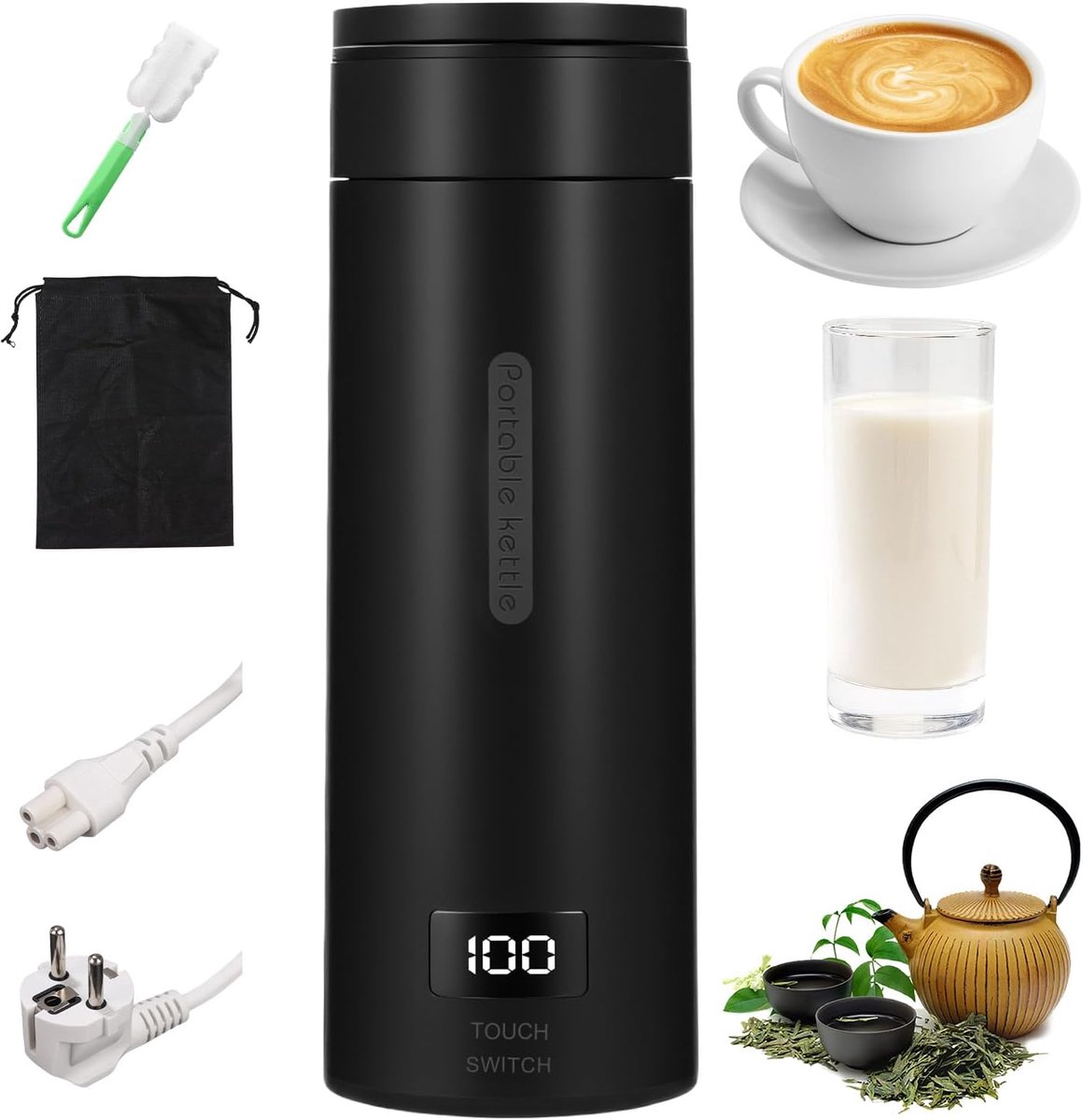 Draagbare waterkoker 500 ml – 3-in-1, temperatuurkeuze, auto-shut off, met tas,Compacte reiswaterkoker voor koffie en thee – incl. reinigingsborstel