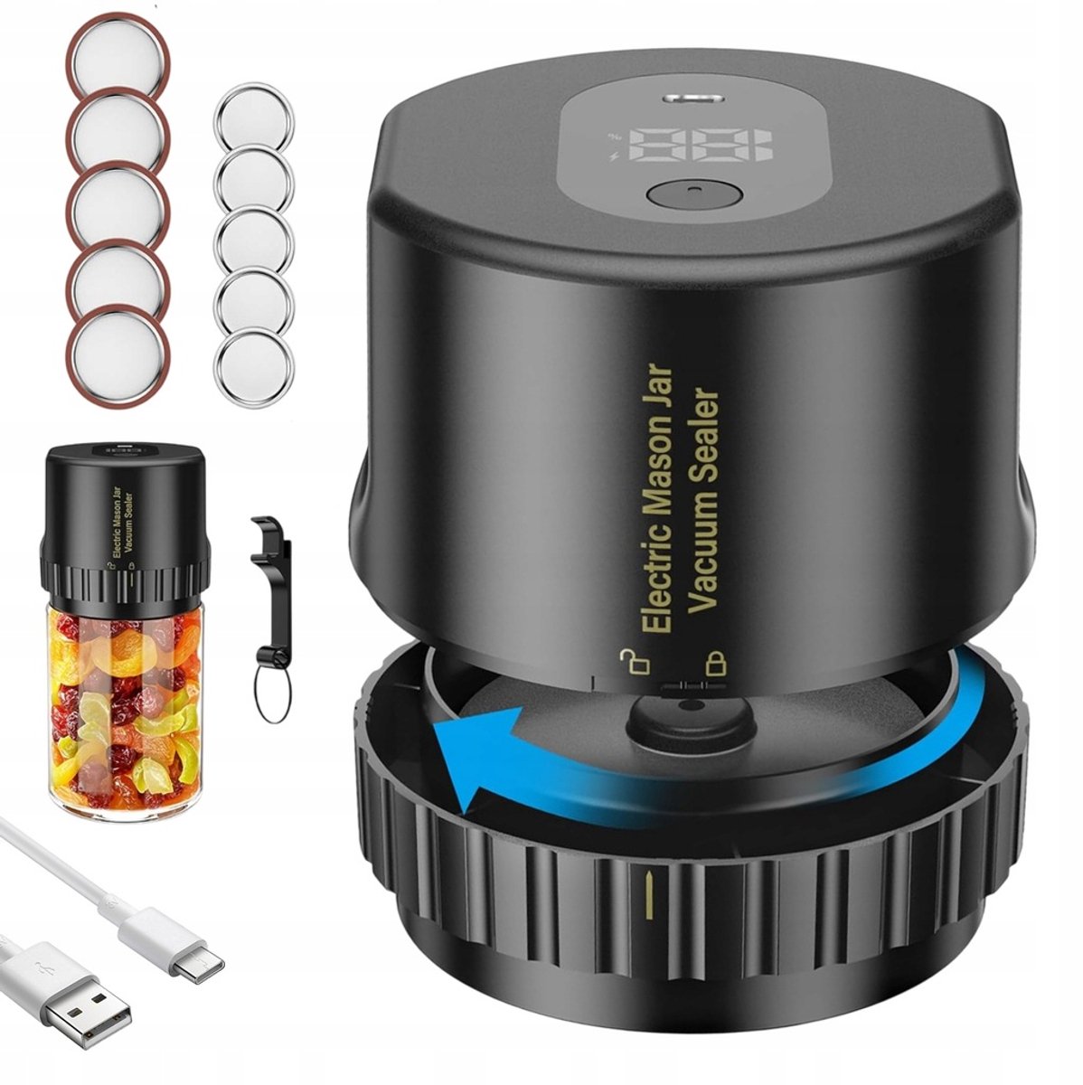 Vacuem Sealer Set - Volautomatisch Vacuümsealer Voor Mason Jars - Vacumeermachine - Compatibel met 6,8 cm & 8,3 cm - 60 kPa Zuigkracht - 20 Sec Sealen - Draadloos Oplaadbaar - Voor Thuis & Camping & Onderweg