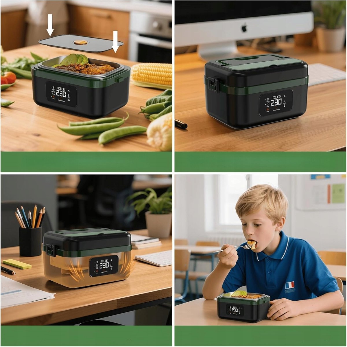 Elektrische Lunchbox - Verwarmde Bento Box - Thermos Lunchbox - 1000 ml - 60W Snel Verwarmend - 6 Temperatuurstanden - Voorverwarmen - ook Powerbank - met Isolatietas - Draagbare Broodtrommel - Voor Kantoor & School & Auto - Zwart en Groen — cadeau in Kookcadeaus - foto 6