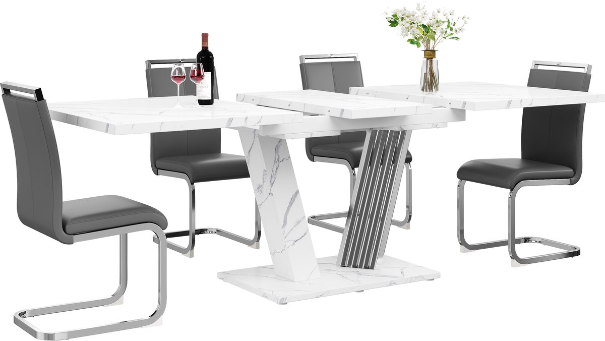 REDOM - 5-delige eetkamerset - Uitschuifbare eettafel - 4 stoelen - Modern - Eetkamer - MDF en metaal - Wit - 120/160 x 80 x 76 cm