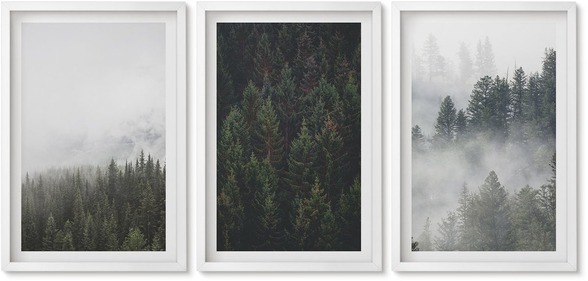 Wallfluent 3-Delige Schilderij Set - Groene Bossen In Een Mistige Natuurlijke Omgeving - 40 x 60 - Schilderijen Set - Wanddecoratie - Woonkamer - Muurdecoratie