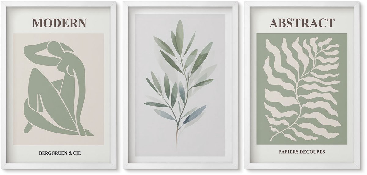 Wallfluent 3-Delige Schilderij Set - Matisse Design Aquarel Boho Planten - 40 x 60 - Decoratieve Muurdecoratie - Slaapkamer - Wanddecoratie