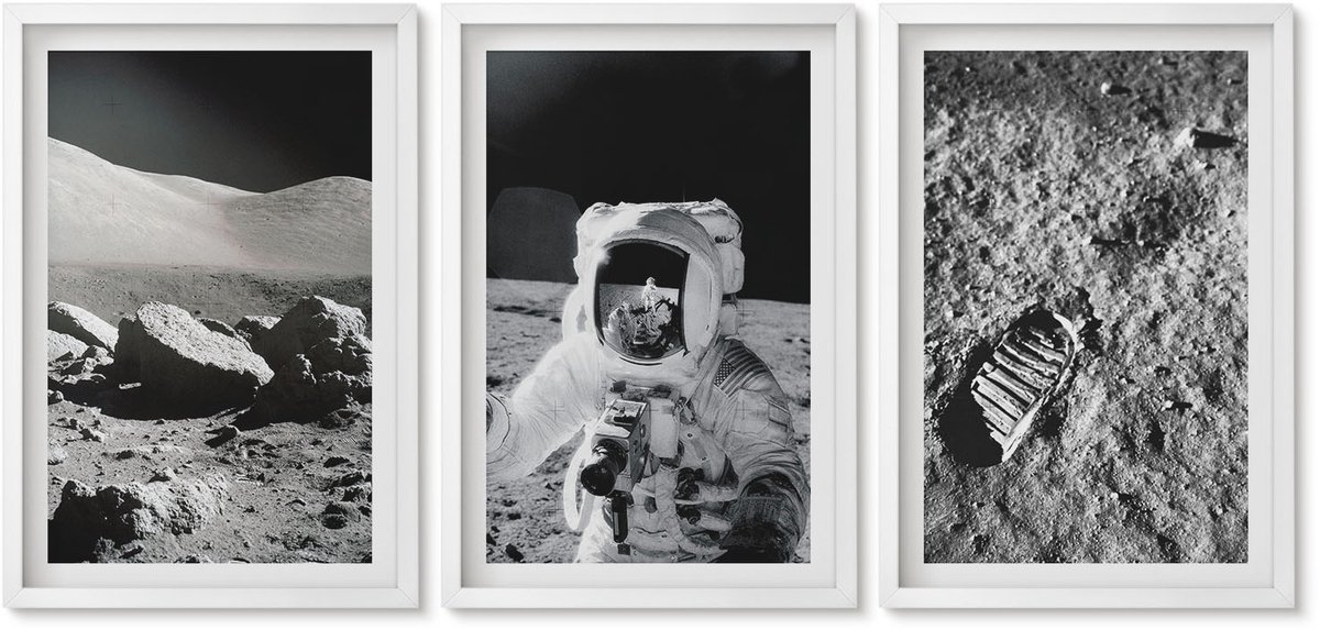 Wallfluent 3-Delige Schilderij Set - Maanfoto'S Met Astronaut En Voetafdruk - 40 x 60 - Wanddecoratie - Schilderijen Set - Kantoor - Stijlvolle Muurdecoratie